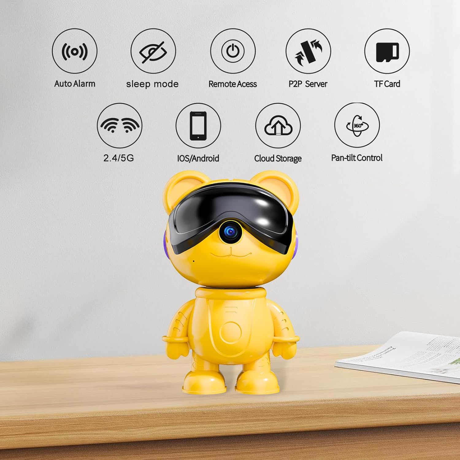 -Cute Bear-3K Smart-Robot Security-Camera Wireless - Nanny & Pet Motion Monitor with Mobile App,Baby Cry Detection Alarm,5G Dual-Band,Pan-Tilt,Full HD Night Vision,24/7 Recording,2-Way Audio