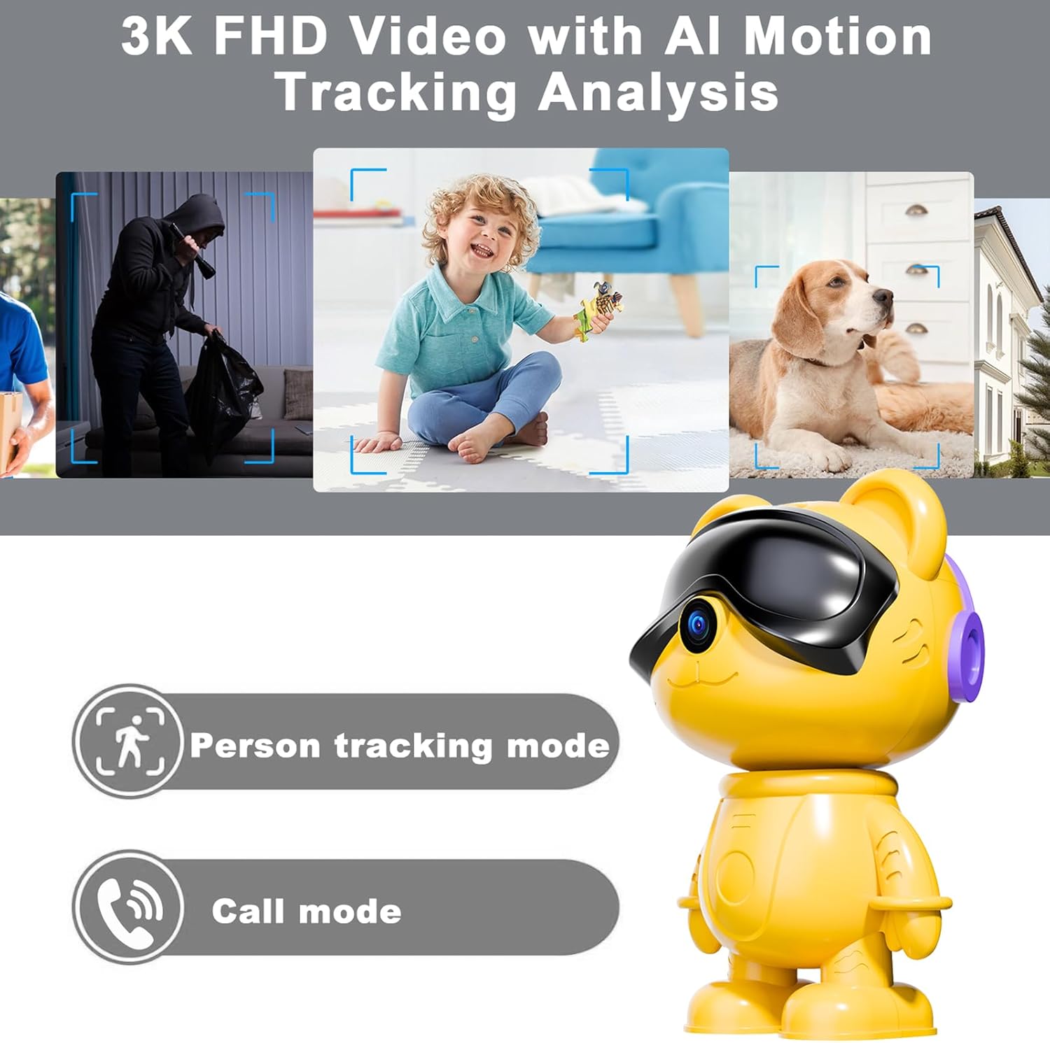 -Cute Bear-3K Smart-Robot Security-Camera Wireless - Nanny & Pet Motion Monitor with Mobile App,Baby Cry Detection Alarm,5G Dual-Band,Pan-Tilt,Full HD Night Vision,24/7 Recording,2-Way Audio