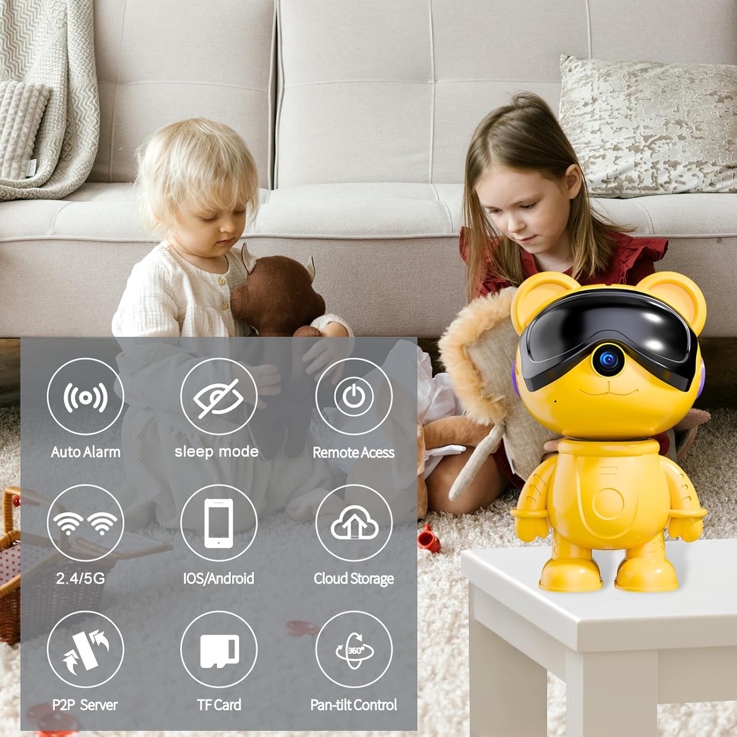 -Cute Bear-3K Smart-Robot Security-Camera Wireless - Nanny & Pet Motion Monitor with Mobile App,Baby Cry Detection Alarm,5G Dual-Band,Pan-Tilt,Full HD Night Vision,24/7 Recording,2-Way Audio