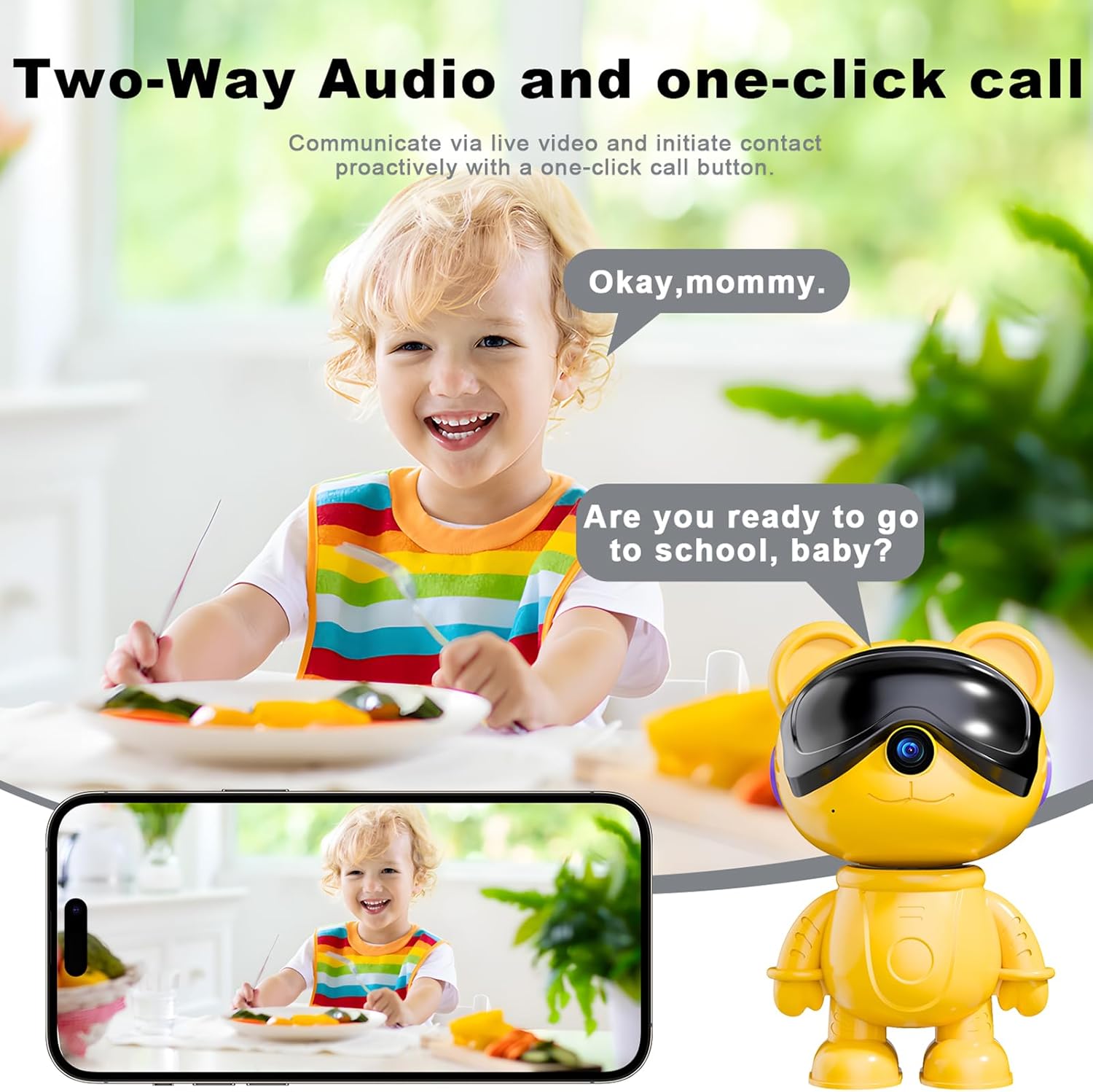 -Cute Bear-3K Smart-Robot Security-Camera Wireless - Nanny & Pet Motion Monitor with Mobile App,Baby Cry Detection Alarm,5G Dual-Band,Pan-Tilt,Full HD Night Vision,24/7 Recording,2-Way Audio