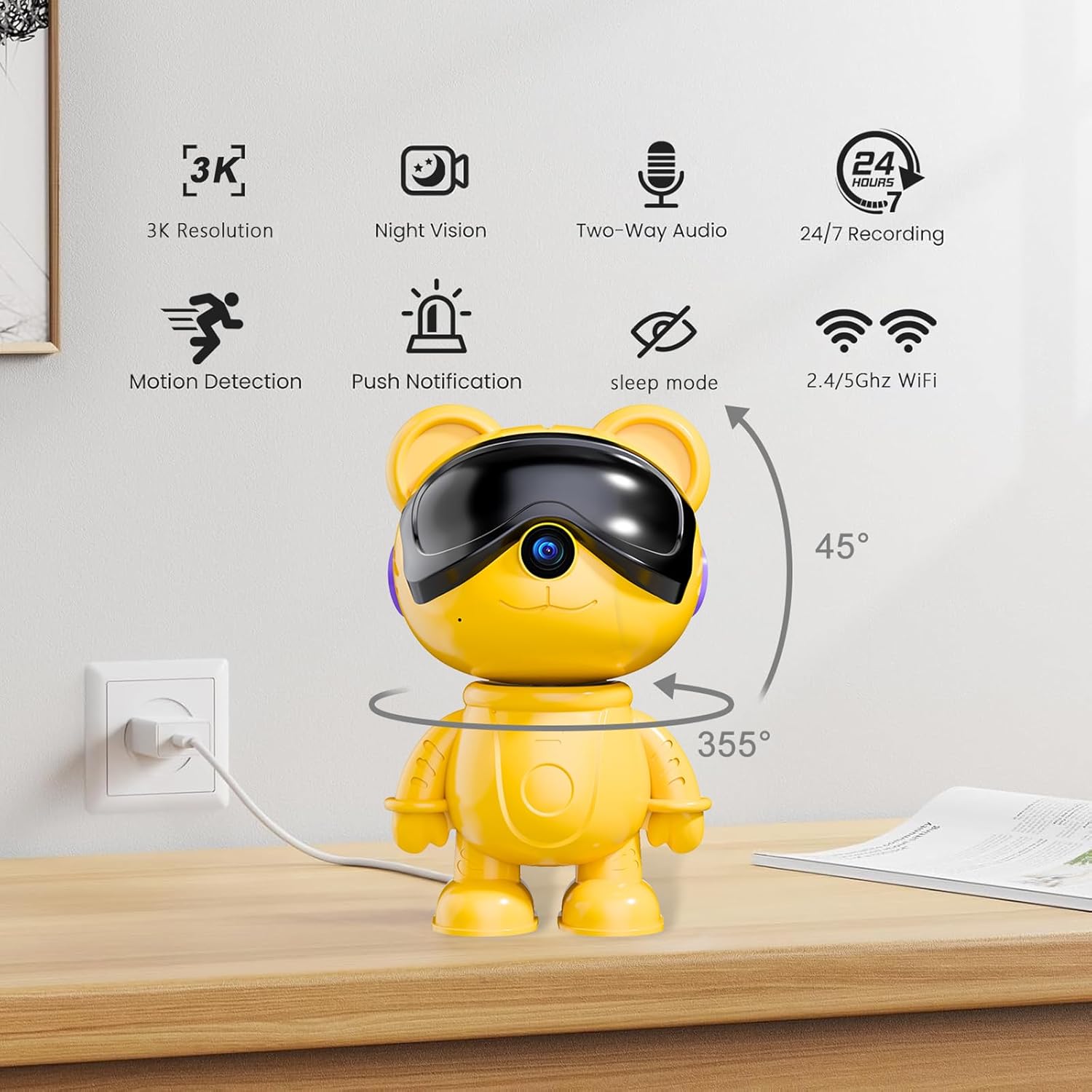 -Cute Bear-3K Smart-Robot Security-Camera Wireless - Nanny & Pet Motion Monitor with Mobile App,Baby Cry Detection Alarm,5G Dual-Band,Pan-Tilt,Full HD Night Vision,24/7 Recording,2-Way Audio