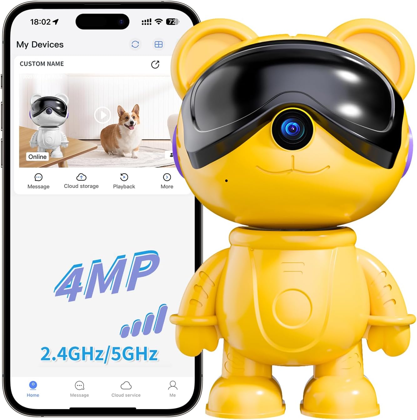 -Cute Bear-3K Smart-Robot Security-Camera Wireless - Nanny & Pet Motion Monitor with Mobile App,Baby Cry Detection Alarm,5G Dual-Band,Pan-Tilt,Full HD Night Vision,24/7 Recording,2-Way Audio