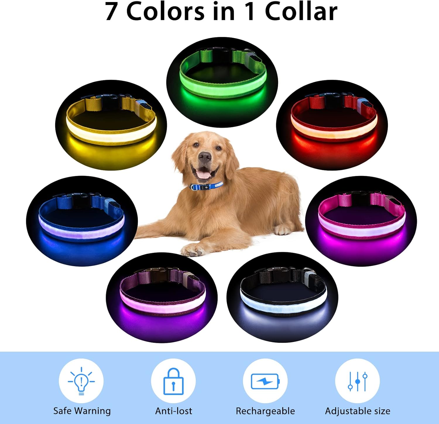 Light up Dog Collar for Night Walking - LED Dog Collar Light Rechargeable Color Changing, Glow in the Dark Dog Collars Waterproof Glowing Dog Collars for Large Small Medium Dogs