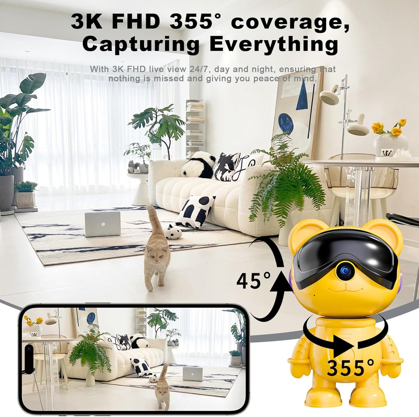 -Cute Bear-3K Smart-Robot Security-Camera Wireless - Nanny & Pet Motion Monitor with Mobile App,Baby Cry Detection Alarm,5G Dual-Band,Pan-Tilt,Full HD Night Vision,24/7 Recording,2-Way Audio