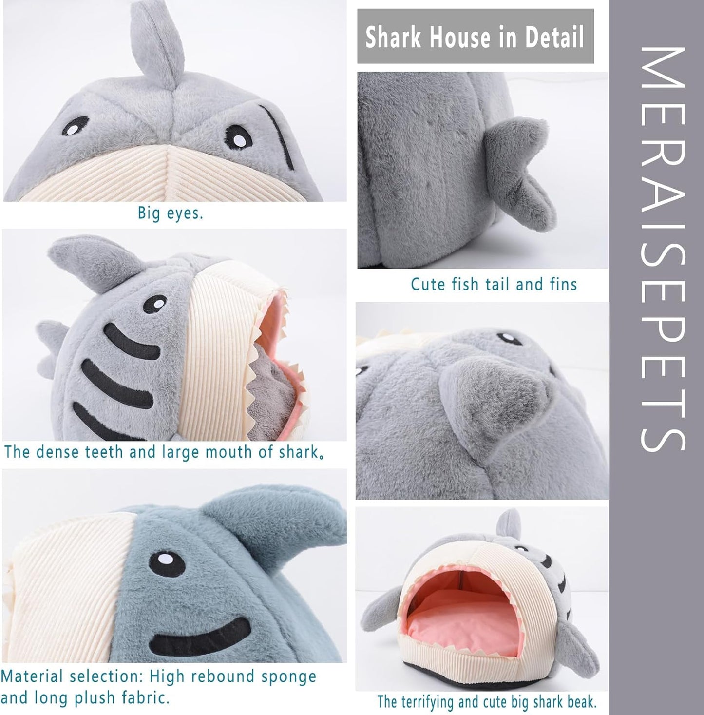 Shark Pet House & Bed for Dogs and Cats, Grey, Large, Modern Style, Polypropylene (PP) and Cotton, Washable, Removable Cushion Mat